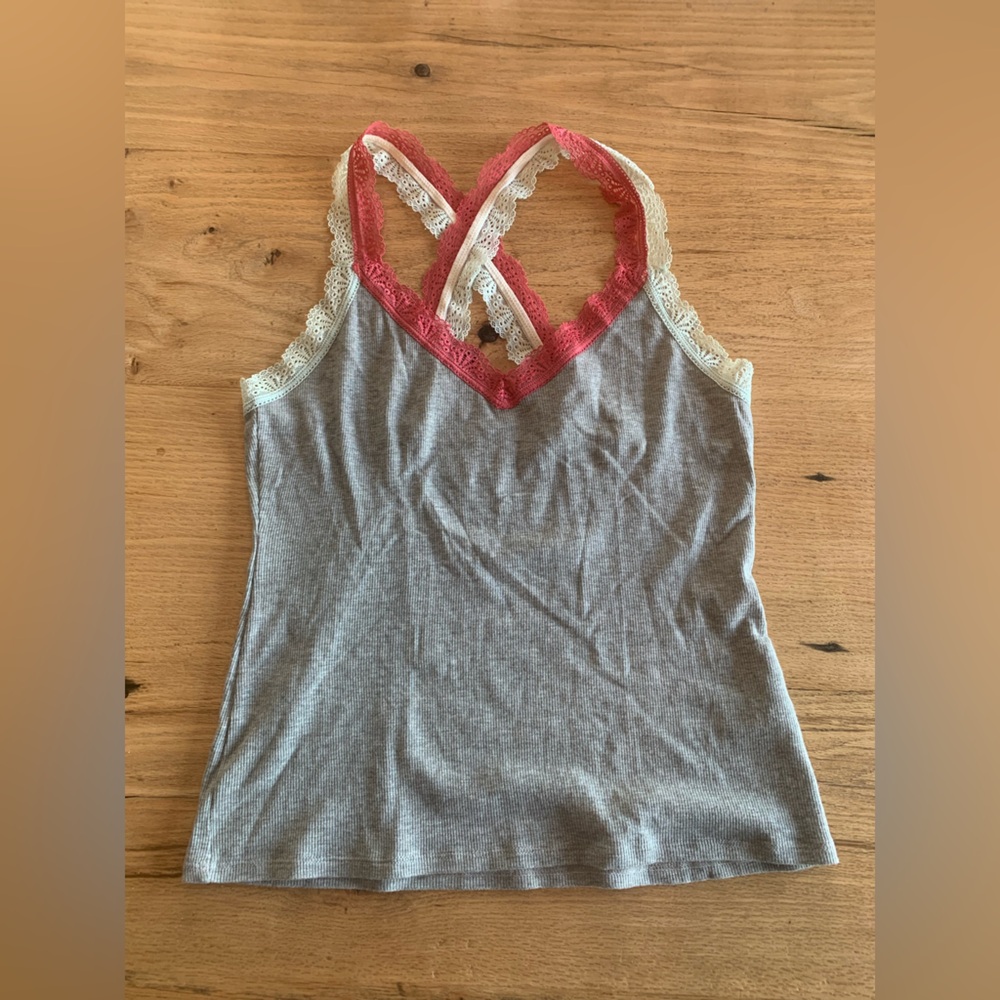 E Double Eyelet‎ Strap Camisole TankTop Gray Pink Women’s Medium Preloved